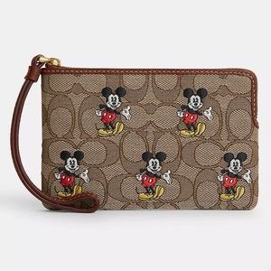 NEW COACH Disney X Mickey Corner Zip Wristlet Signature Jacquard